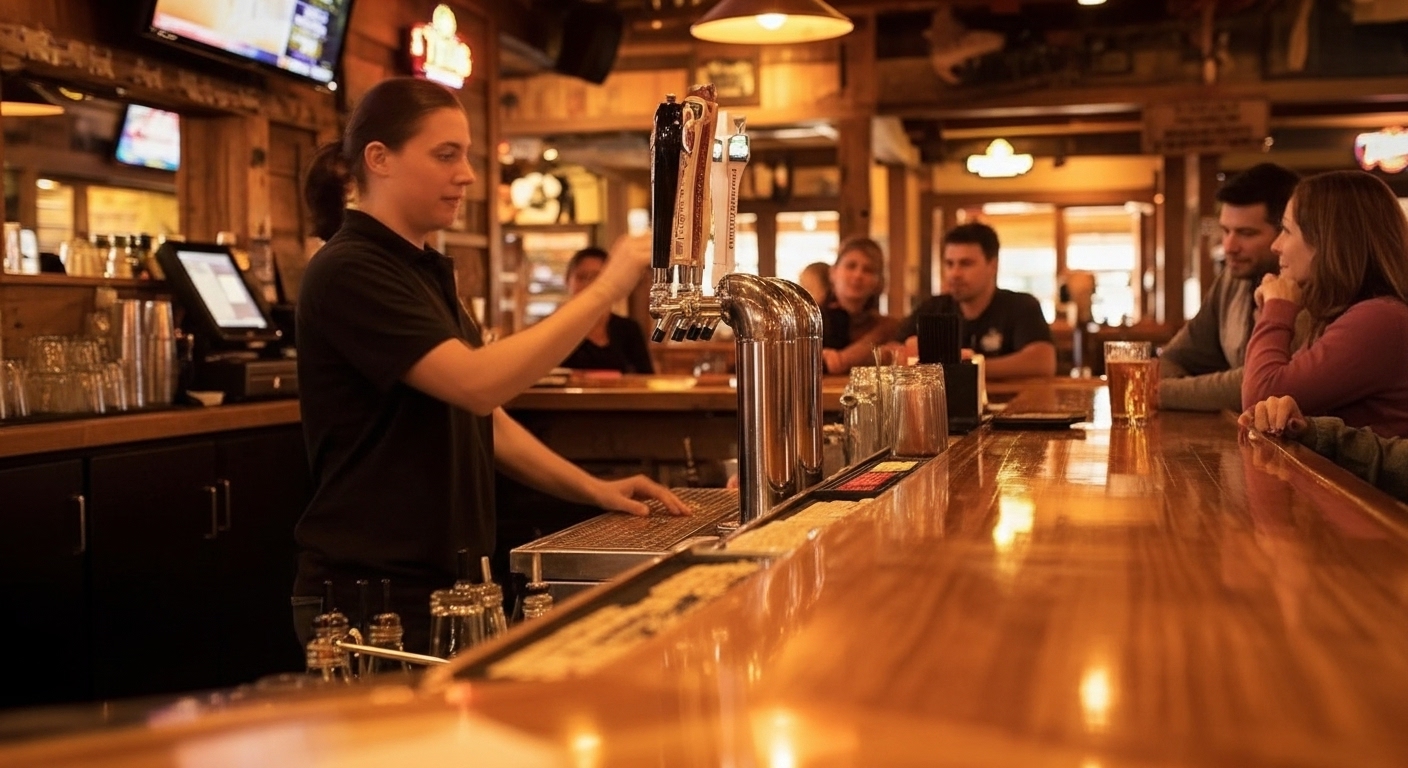 Texas Roadhouse bar atmosphere during happy hour with draft taps and warm lighting